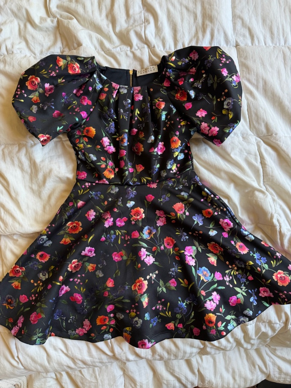 Hannah Banana Black Floral Puff-Sleeve Party Dress with Bright Blooms